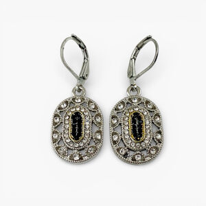Art Deco Style Silver & Gold Tone Black Rhinestone Earrings Antique style.